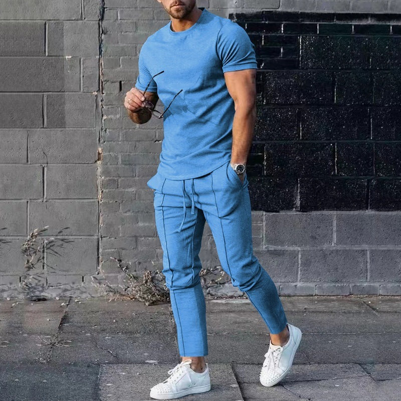 Solid Color Casual Round Neck Short Sleeves T-shirt Trousers Two-piece Set