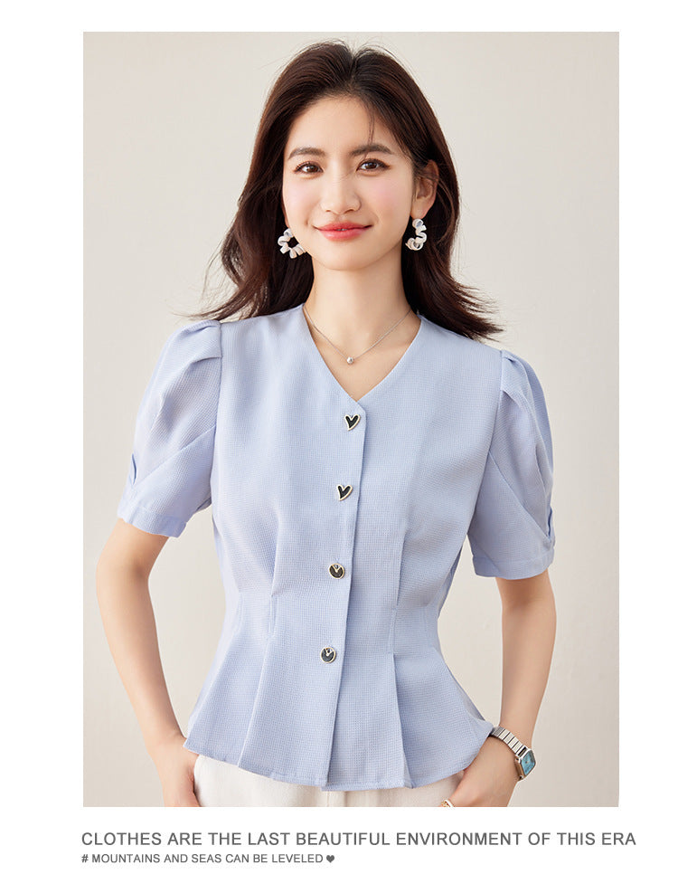 Lady Temperament V-neck Puff Short Sleeve Solid Color Slim Fit Slimming Shirt