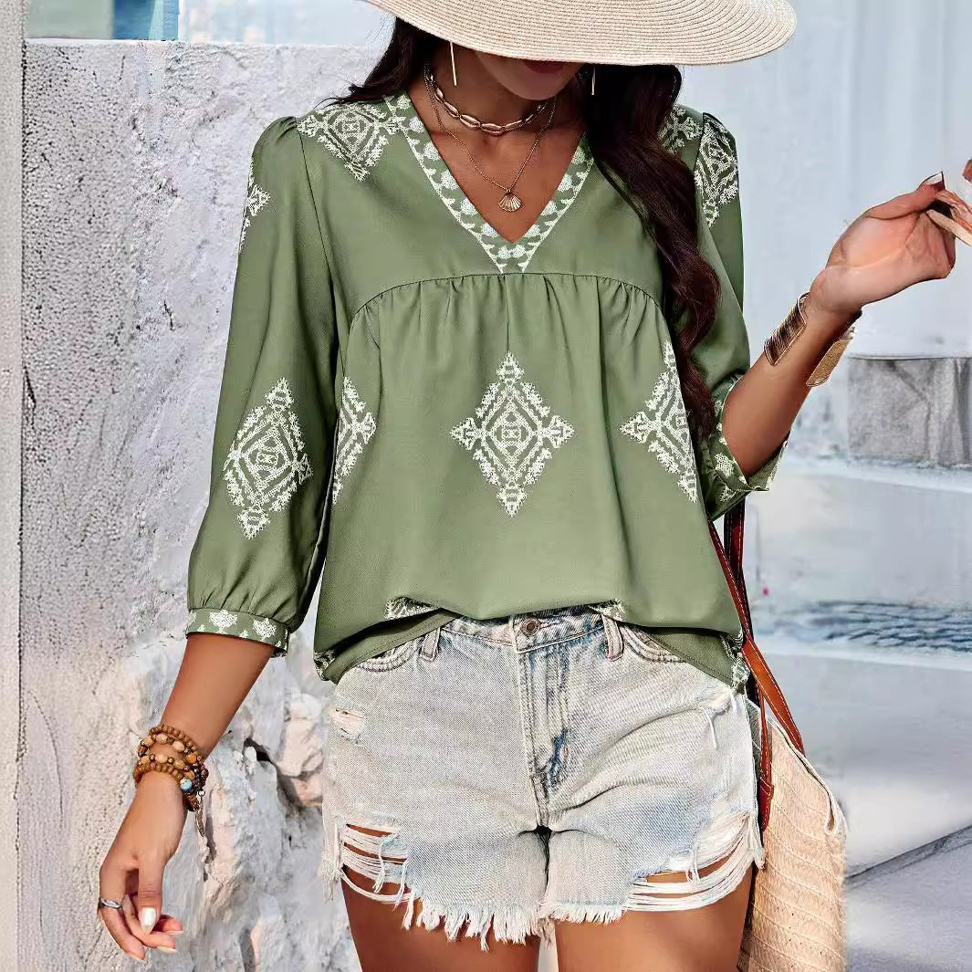 Fashion Printed Bags Three-quarter Sleeve V-neck Women's Blouse