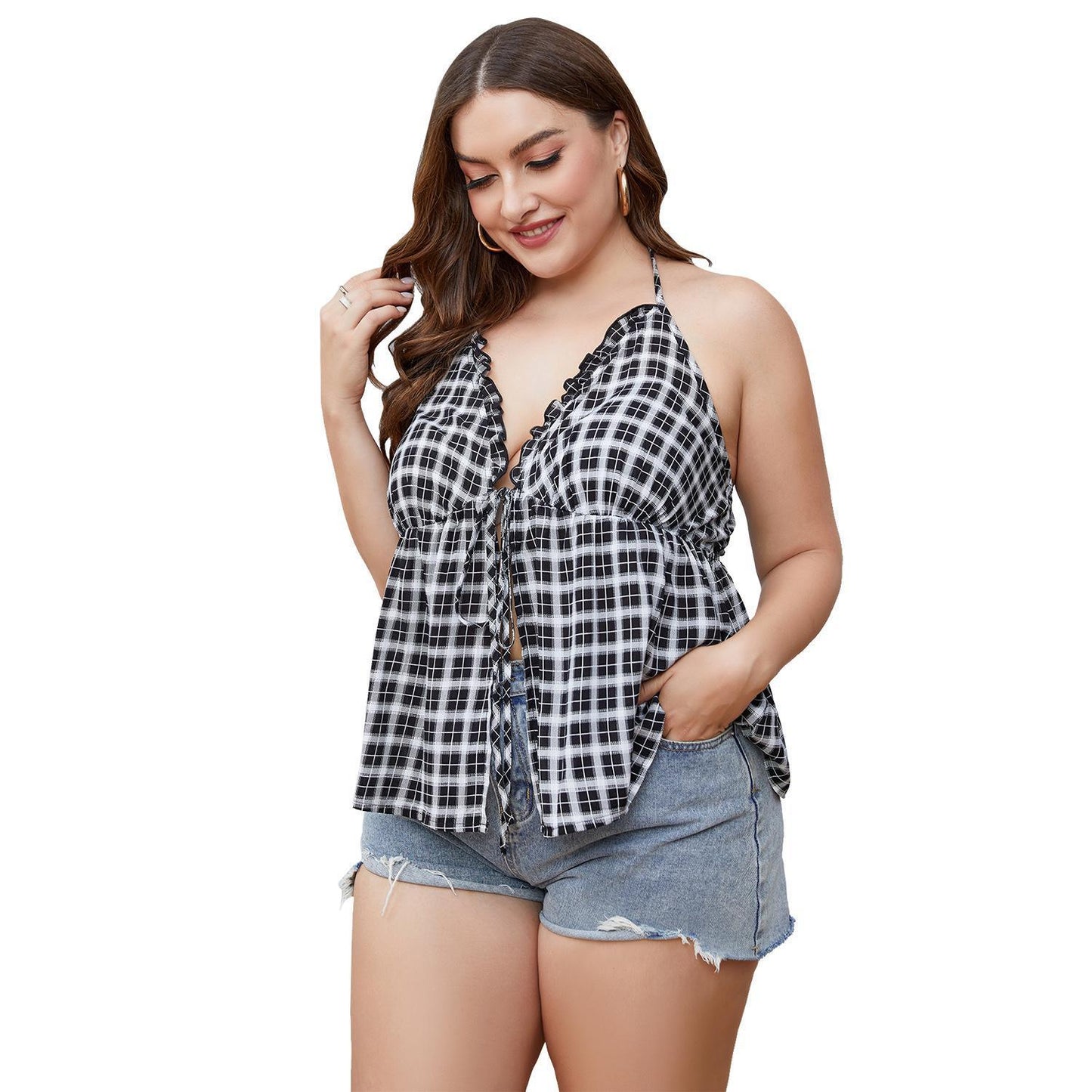 Plus Size Women's Summer Tube Top Plaid Shirt