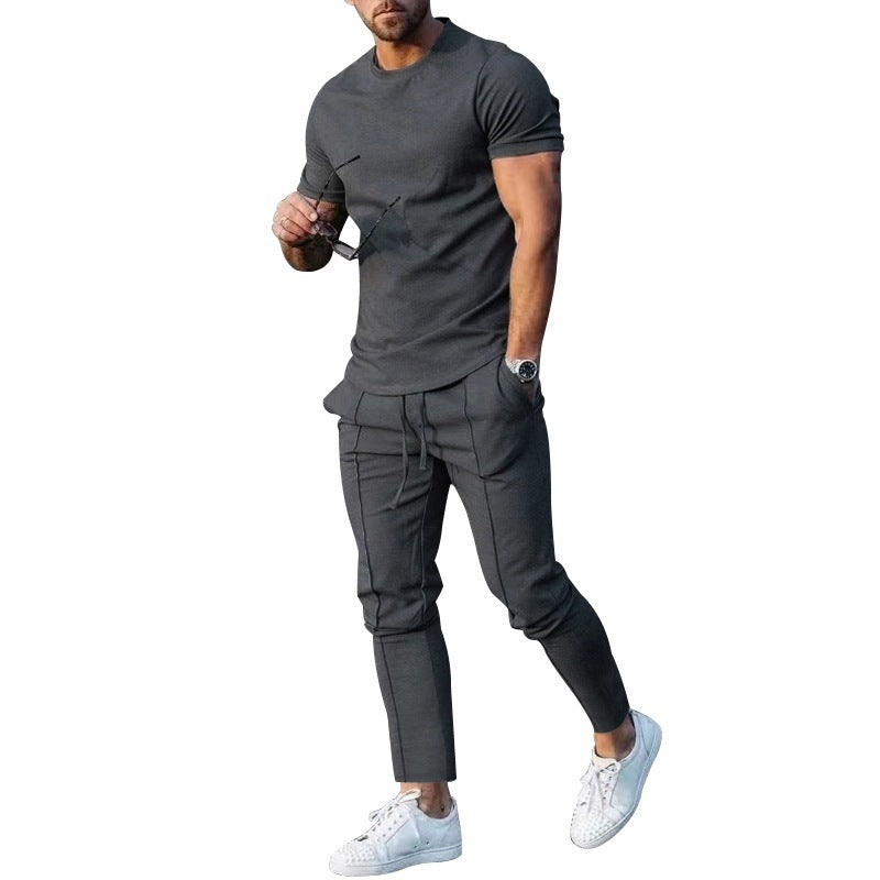 Solid Color Casual Round Neck Short Sleeves T-shirt Trousers Two-piece Set