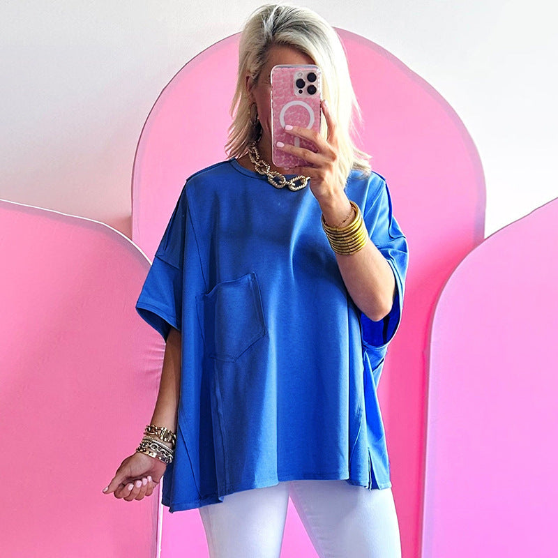 Women's Solid Color Loose Pockets Stitching Short-sleeved Top T-shirt