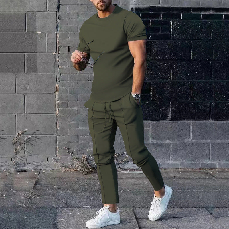 Solid Color Casual Round Neck Short Sleeves T-shirt Trousers Two-piece Set