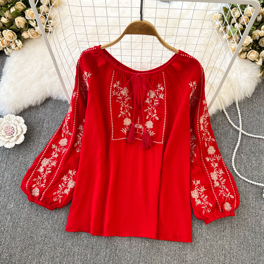 Retro Ethnic Style Temperament Long Sleeve Round Neck Pullover Embroidery Loose Shirt