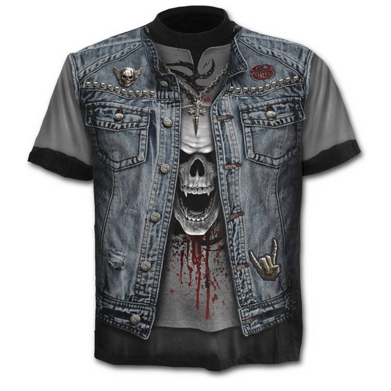 New Cross Border Foreign Trade Europe And America 3D Digital Printing Short-Sleeved Men's Trendy Skull FakeTwo Piece T Shirt