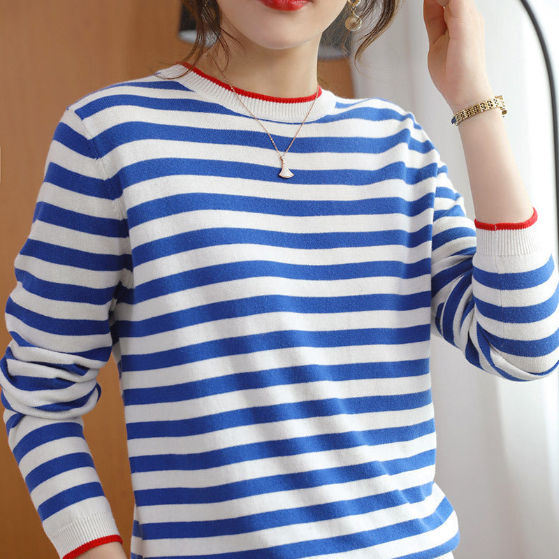 Round Neck Striped Sweater Women's Cotton Long Sleeve T-shirt Navy-striped Shirt Loose Bottoming Shirt