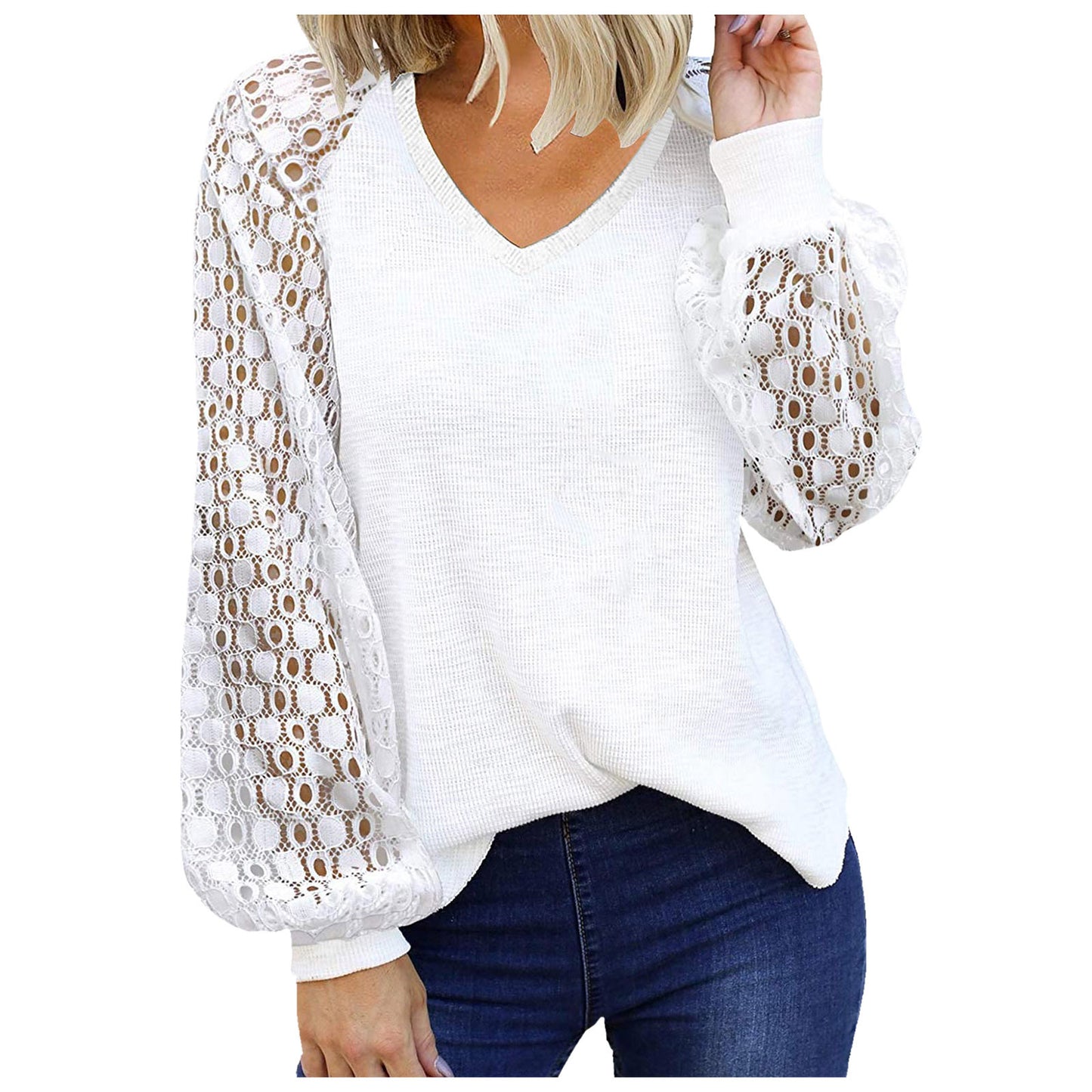 Women's V-neck Long Sleeve Lace Stitching Loose Shirt