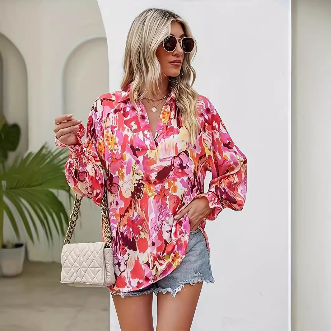 Casual V-neck Lantern Long Sleeve Printed Top Shirt