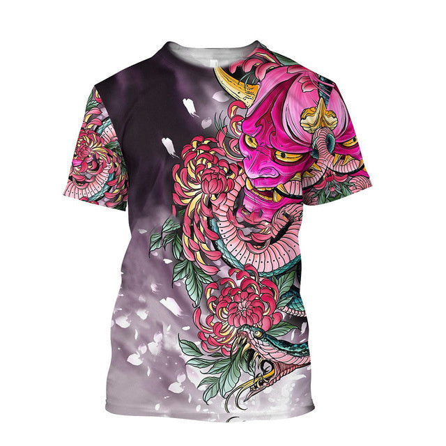 3D Men's T-shirt Samurai Printed T-shirt Loose Round Neck