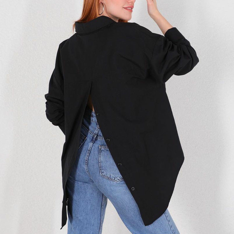 Women's Shirt Solid Color Personalized Street Spring And Autumn Long Sleeve Back Slit Loose Shirt