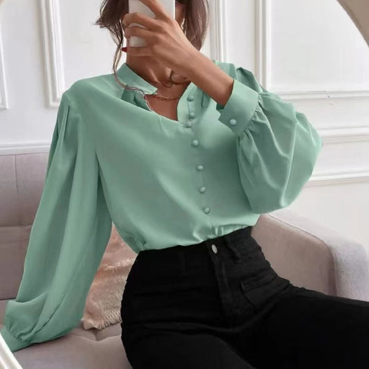 Commute Style Solid Color Round Neck Long Sleeve Single-breasted Women's Shirt