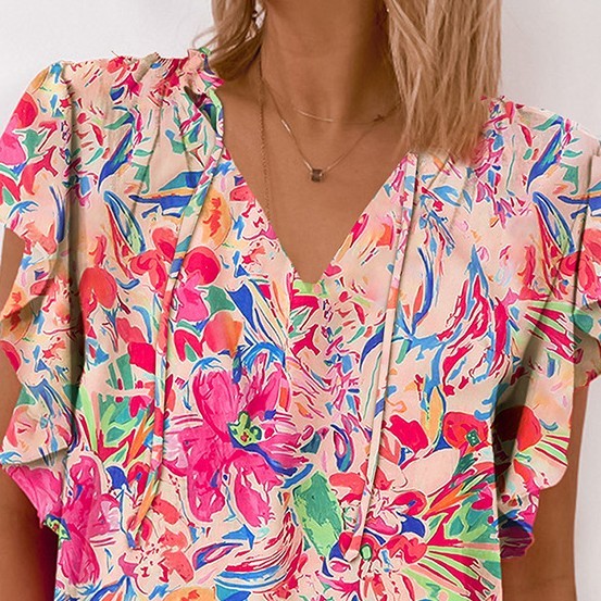 Women's Thin V-neck Ruffled Printed Short-sleeved Shirt