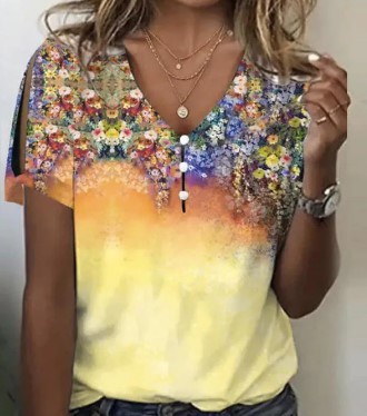 Flower Series 3D Printed V-neck Button T-shirt Top