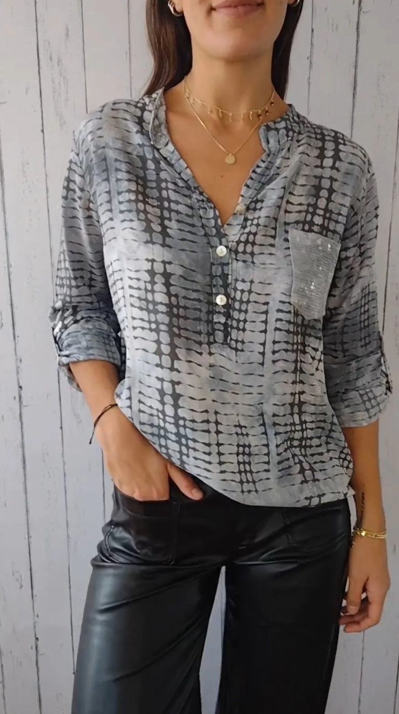 European And American V-neck Half Button Plaid Shirt Half Sleeve Sequined Pocket Button