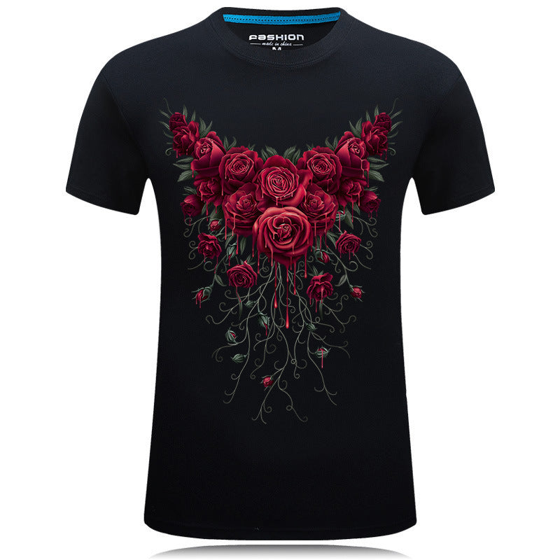 Men's short sleeved 3D T-shirts pure cotton tide brand character printing collar loose plus fat half sleeved shirt T rose