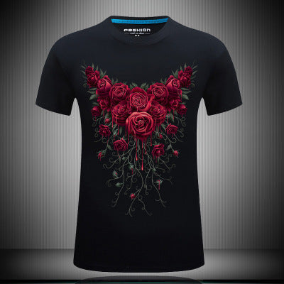 Men's short sleeved 3D T-shirts pure cotton tide brand character printing collar loose plus fat half sleeved shirt T rose