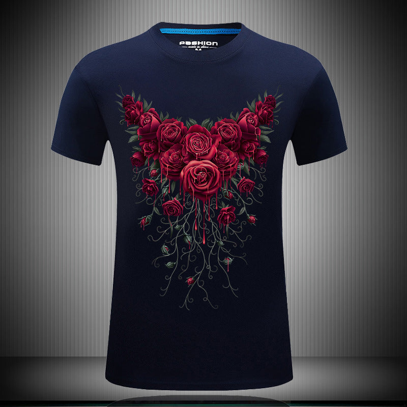 Men's short sleeved 3D T-shirts pure cotton tide brand character printing collar loose plus fat half sleeved shirt T rose