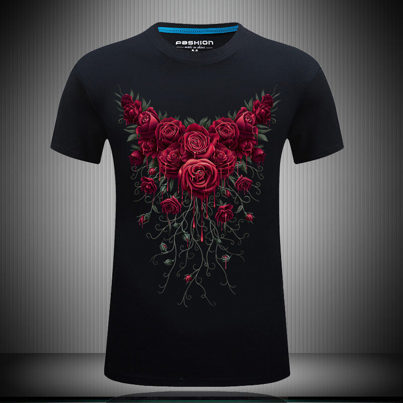 Men's short sleeved 3D T-shirts pure cotton tide brand character printing collar loose plus fat half sleeved shirt T rose