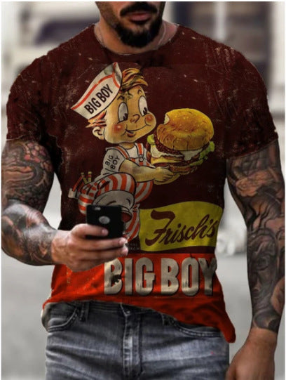 Casual Round Neck Digital Print Slim Short Sleeve Pullover T-shirt