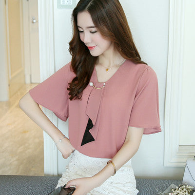 Pullover Chiffon Style Commuting Patchwork Solid Color Top