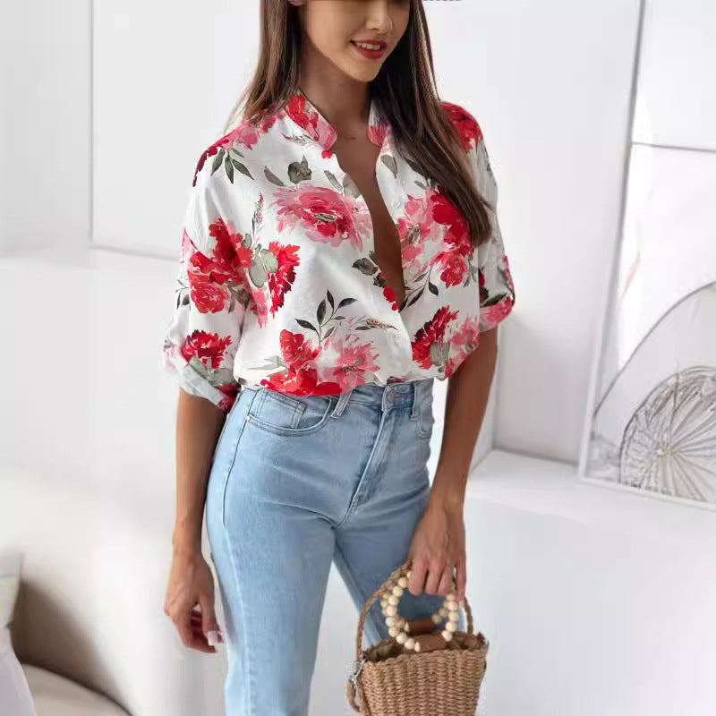 Loose Casual Print Shirt Half Collar Top