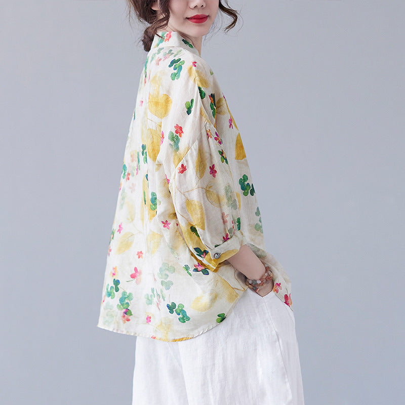 Women's Loose Retro Western Style Elegant Floral Cotton And Linen Shirt