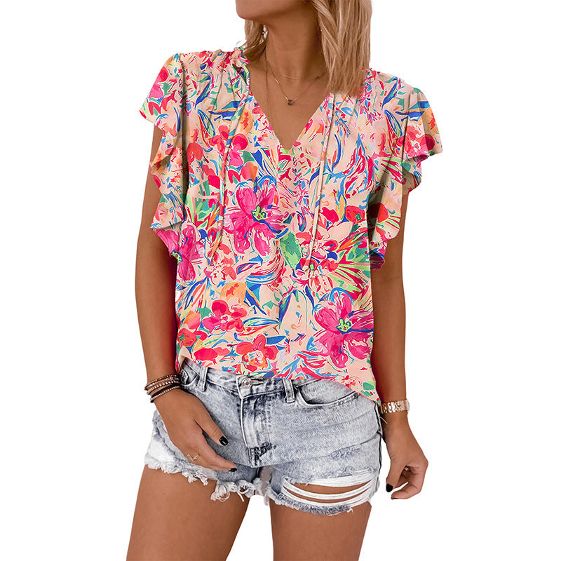 Women's Thin V-neck Ruffled Printed Short-sleeved Shirt