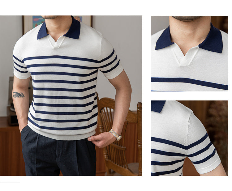 Striped Slim Short Sleeve Retro Casual Commuting