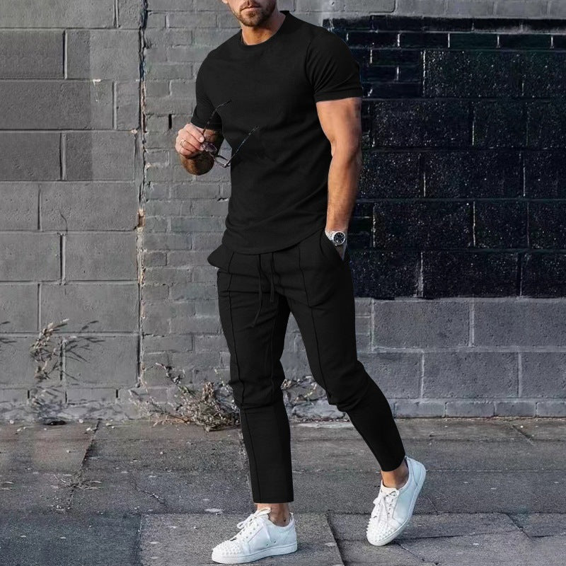 Solid Color Casual Round Neck Short Sleeves T-shirt Trousers Two-piece Set