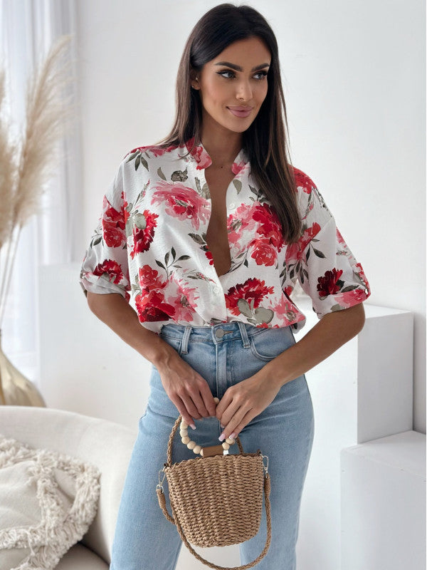 Loose Casual Print Shirt Half Collar Top