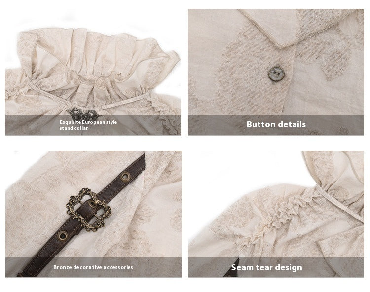 Steampunk Cotton Linen European Style Distressed Stand Collar Ruffle Shirt