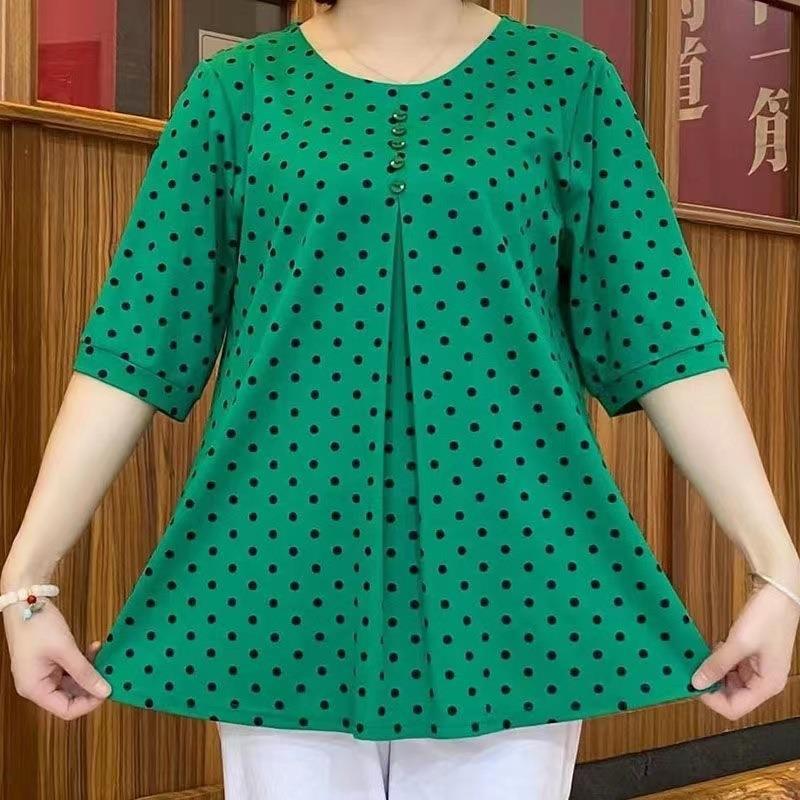 Round Neck Temperament Youthful-looking Korean Style Plus Size Medium Long Shirt Women's Polka Dot T-shirt