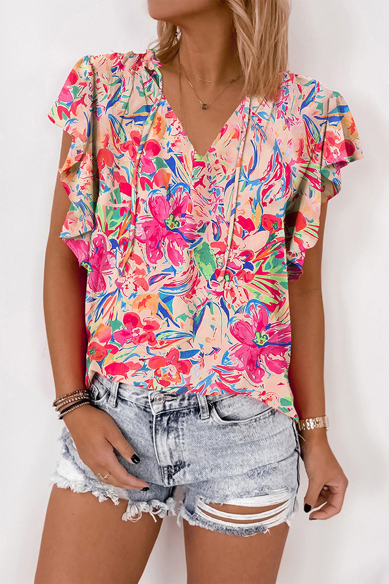 Women's Thin V-neck Ruffled Printed Short-sleeved Shirt