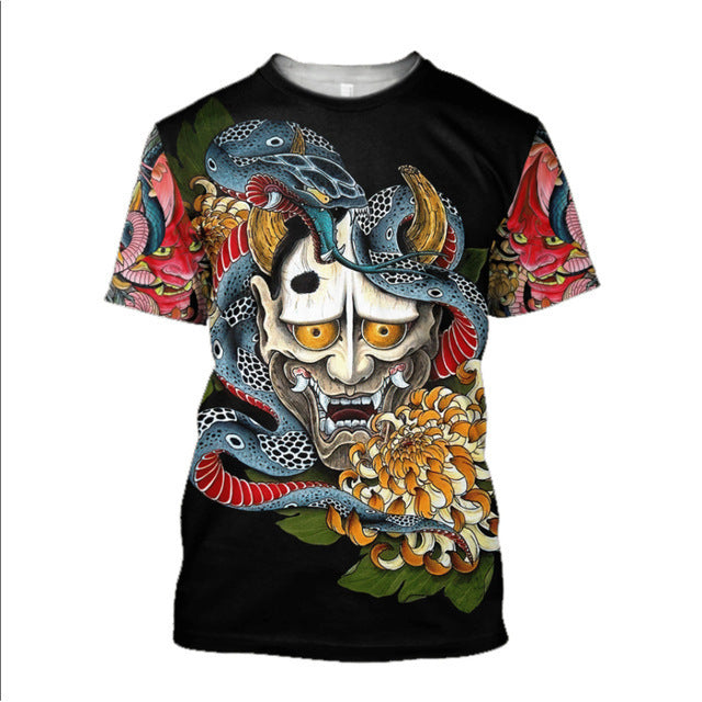 3D Men's T-shirt Samurai Printed T-shirt Loose Round Neck