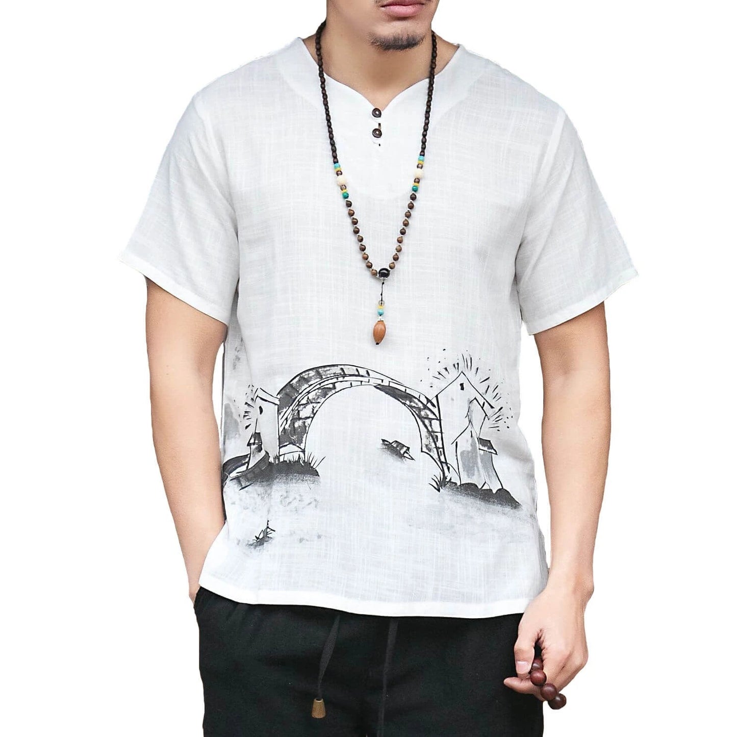 Cotton and linen printed landscape men's casual top