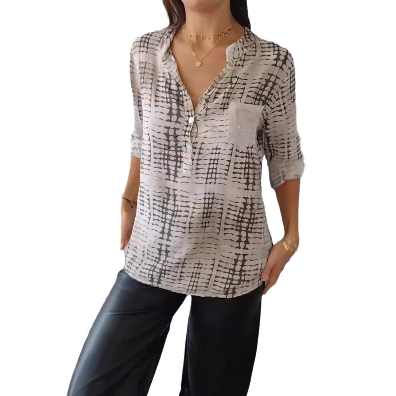 European And American V-neck Half Button Plaid Shirt Half Sleeve Sequined Pocket Button