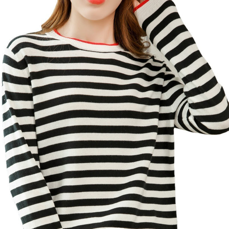 Round Neck Striped Sweater Women's Cotton Long Sleeve T-shirt Navy-striped Shirt Loose Bottoming Shirt