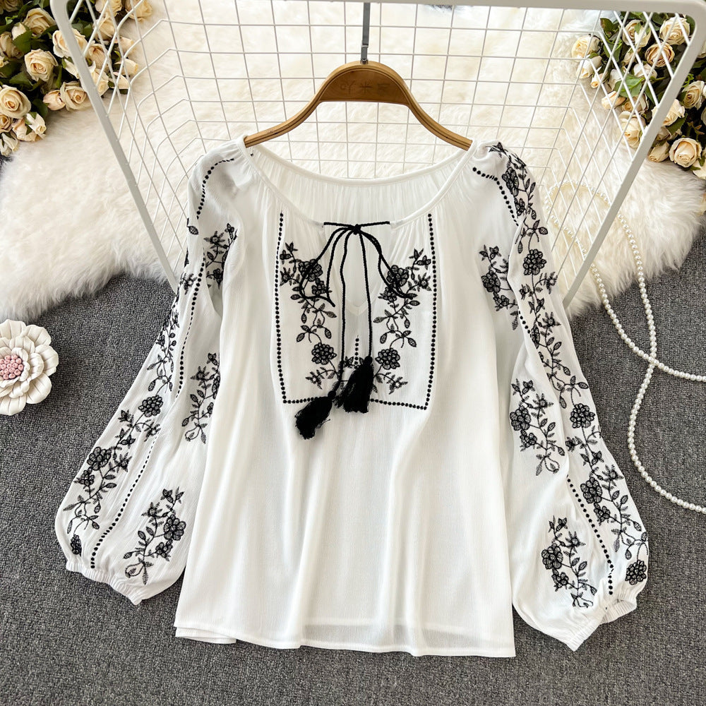 Retro Ethnic Style Temperament Long Sleeve Round Neck Pullover Embroidery Loose Shirt