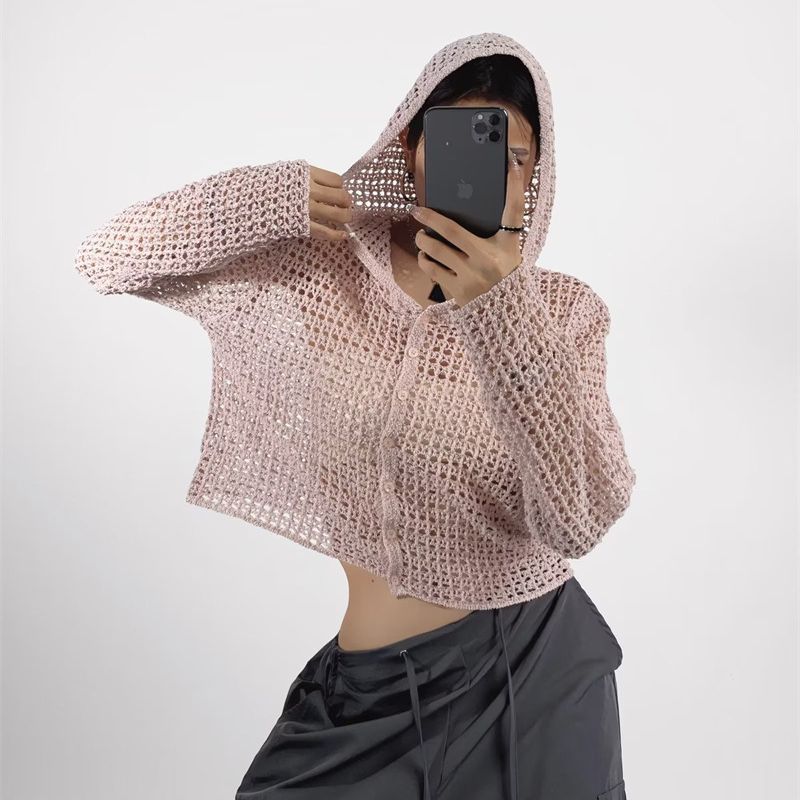 Summer Coat Knitted Hollow-out Hooded Blouse Sun Protection For Women