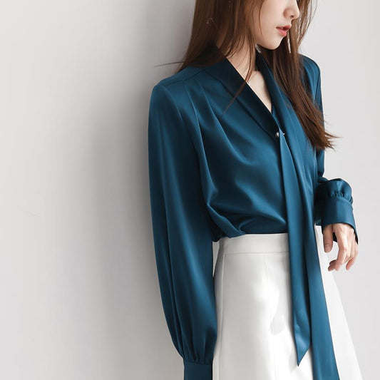 Satin Tie-neck Long Sleeve Shirt Simple All-match Tops