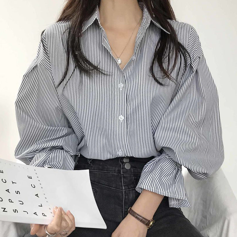 Lapel Contrast Color Striped Single-breasted Loose All-match Puff Sleeve Shirt