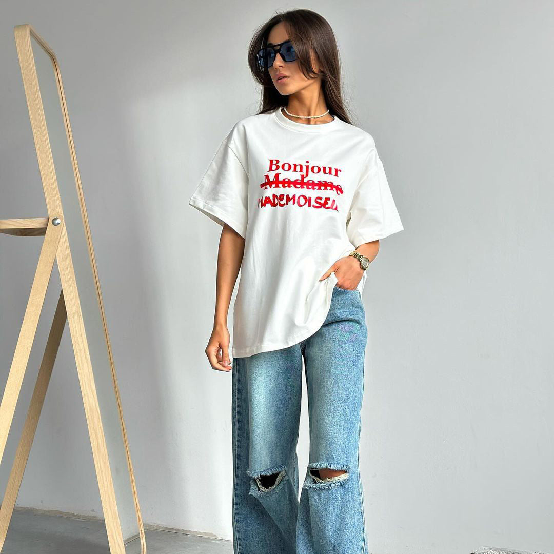 Women's Letter Print Contrast Color Loose T-shirt Pullover