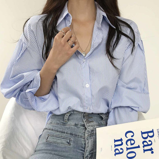 Lapel Contrast Color Striped Single-breasted Loose All-match Puff Sleeve Shirt