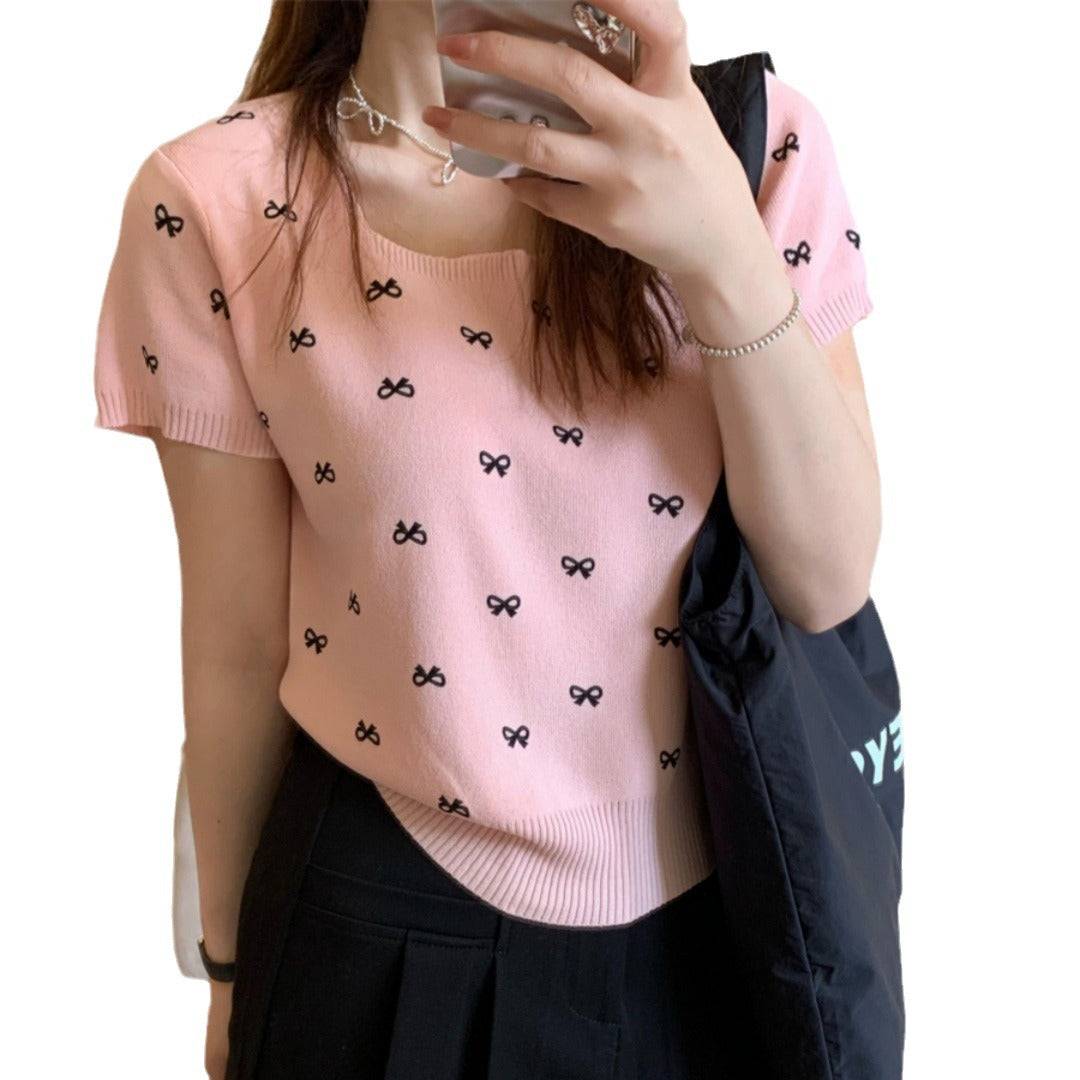 Bow Knitted Short-sleeved Shirt Women