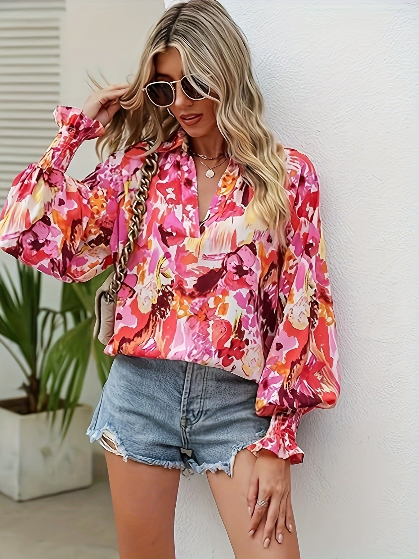 Casual V-neck Lantern Long Sleeve Printed Top Shirt