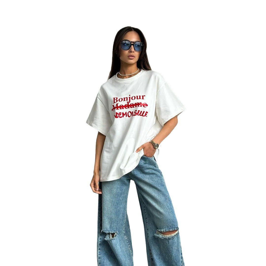 Women's Letter Print Contrast Color Loose T-shirt Pullover