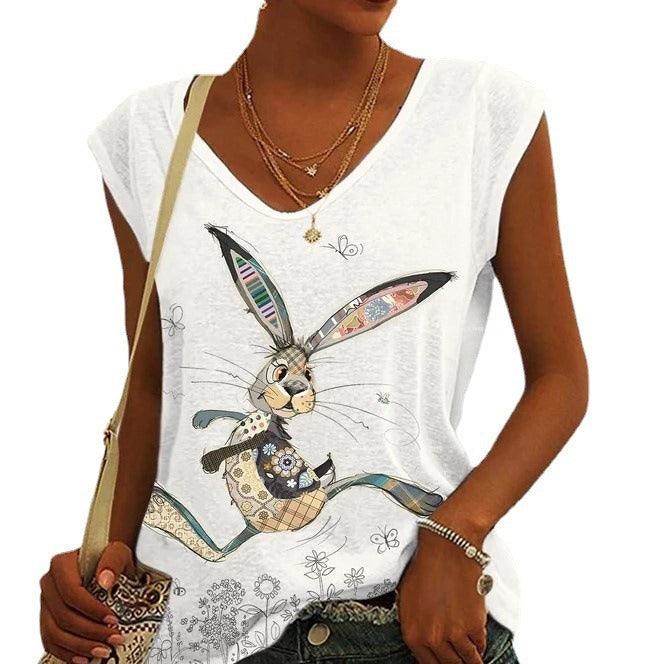 Casual Loose Floral Easter Bunny Print Sleeveless T-shirt