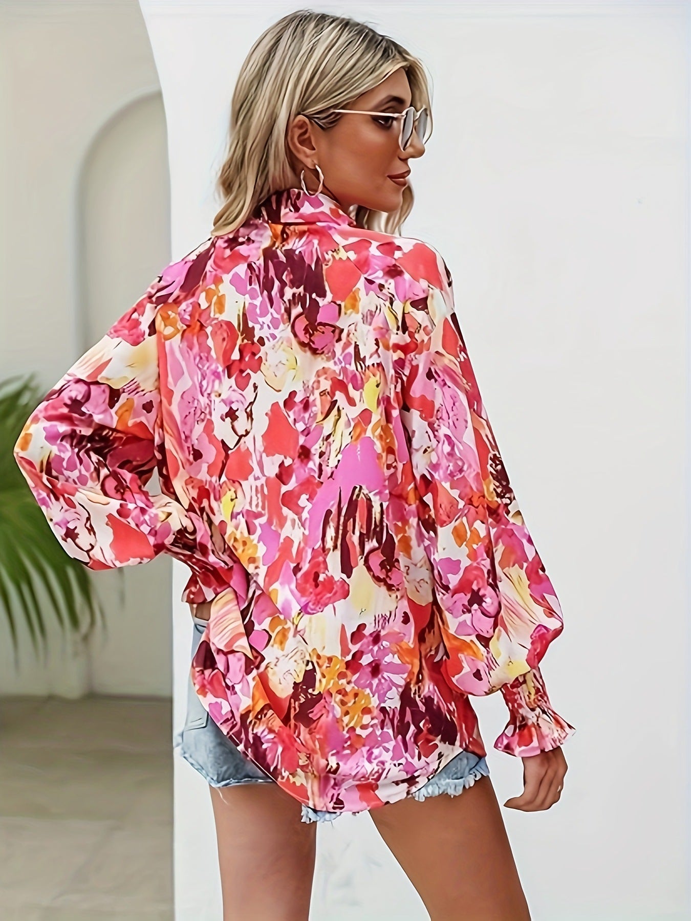 Casual V-neck Lantern Long Sleeve Printed Top Shirt