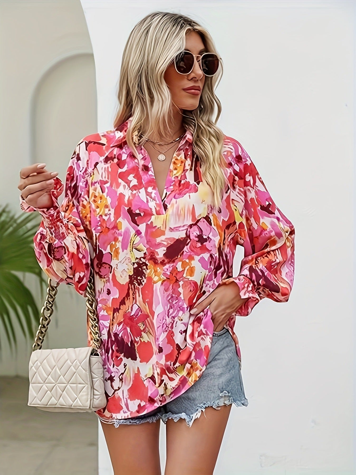 Casual V-neck Lantern Long Sleeve Printed Top Shirt