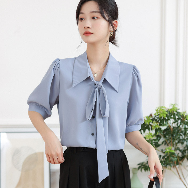 Smoke Blue Short-sleeved Chiffon Shirt Korean Style Ribbon Top Design Sense